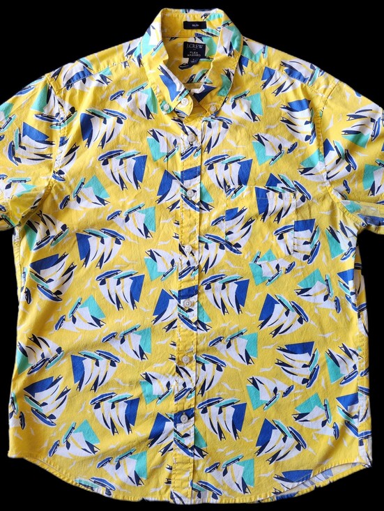 J. Crew Other - J.Crew Flex Washed Slim Fit Large Yellow Sailboat Print Button Down Shirt